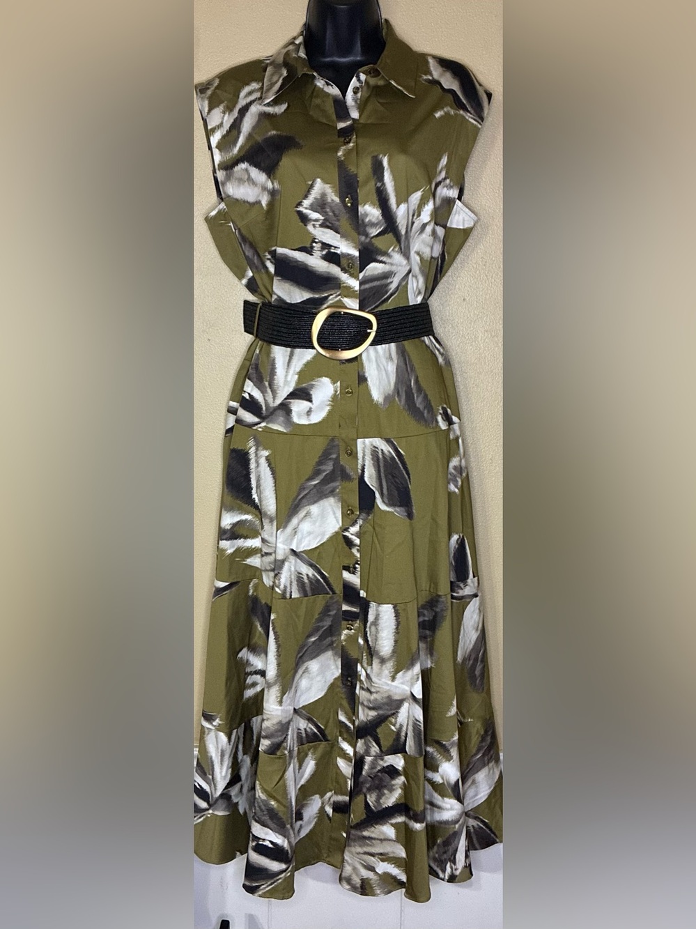 Donna Karan Olive Green Floral A-Line Button Skirt with Black & White Print